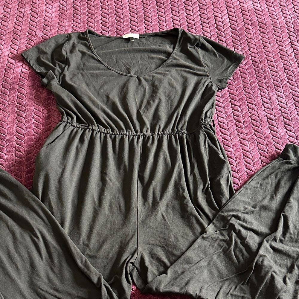 Black Short-Sleeve Jumpsuit with Elastic Waist